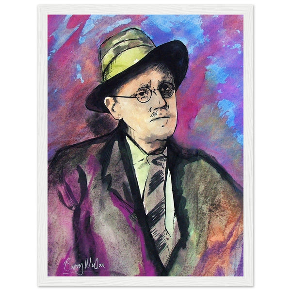 James Joyce Framed Wall Art Print by Irish artist B. Mullan. The portrait captures Joyce's intricate features, reflecting his literary genius. Available in various sizes and frame options, this high-quality print honors the renowned author's legacy and innovation.