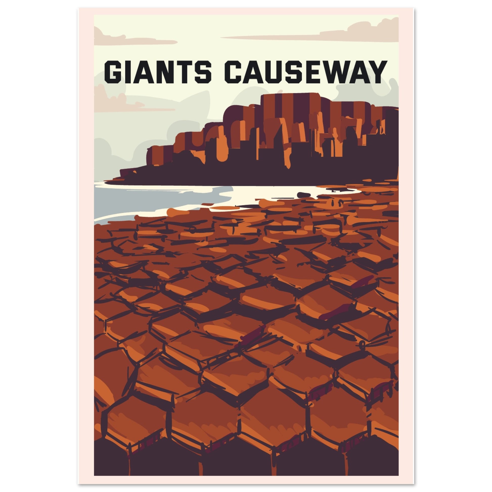 Art print poster of Giant's Causeway in Northern Ireland, featuring hexagonal basalt columns against a backdrop of rugged coastline and sky. Earthy tones of green, gray, and blue capture the natural beauty of this iconic geological formation.