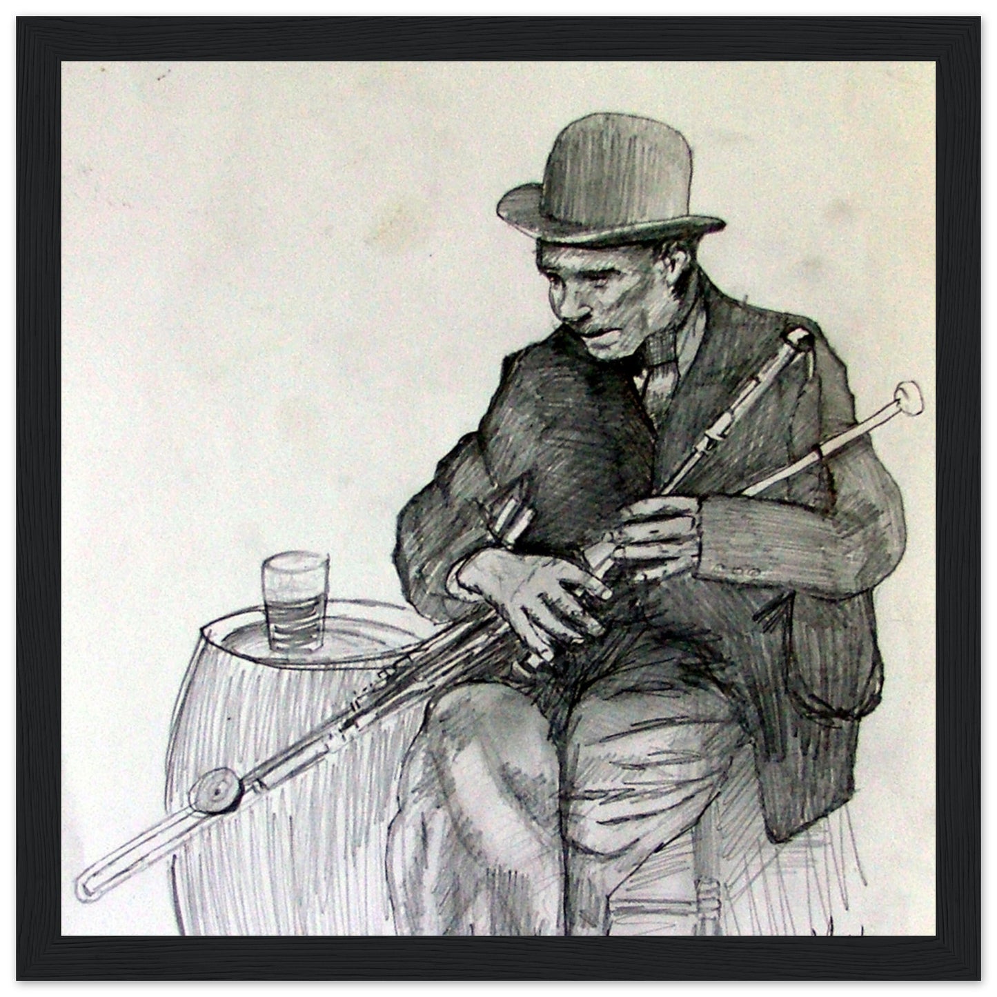 Framed fine art print of an old uilleann piper playing traditional Irish pipes, capturing the essence of Ireland's folk music and culture by B. Mullan. Perfect for collectors of Irish wall art.