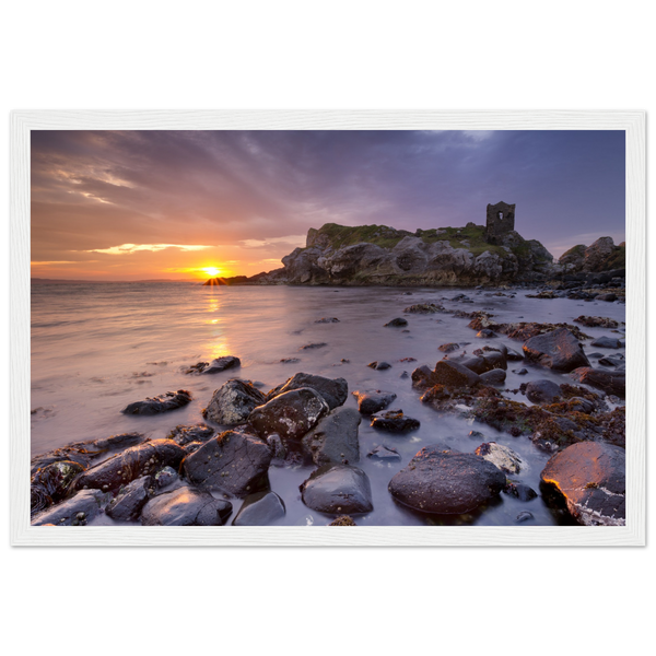 Framed wall art print of Kinbane Castle showcasing dramatic cliffside ruins above the North Atlantic waves. Perfect for adding a touch of Irish history and coastal charm to any space. Ideal for history lovers and those who appreciate Ireland's ancient beauty.