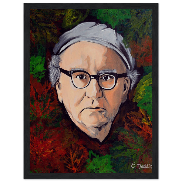 Framed fine art print titled 'Let grief be a fallen leaf' by Irish artist Ó Maoláin, featuring the poignant words of Patrick Kavanagh. The artwork combines detailed visual artistry with Kavanagh's emotive verse, creating a deeply resonant and captivating piece.