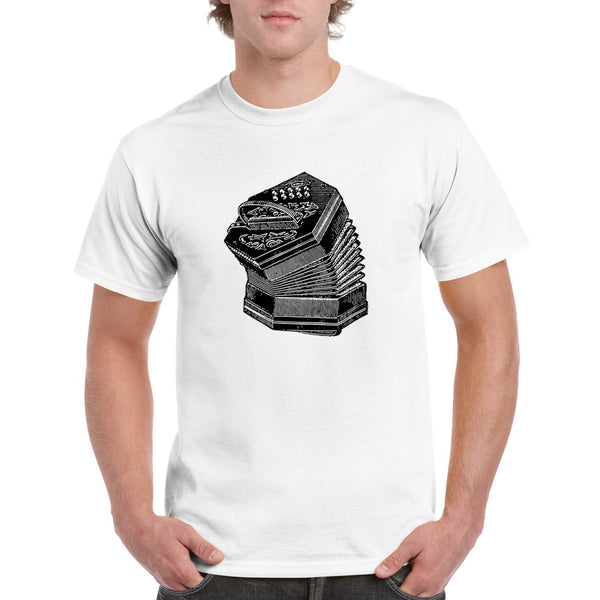 guy wearing a vintage unisex tee shirt with a black and white design of an old Irish concertina. Perfect for Celtic music lovers, folk instrument enthusiasts, and fans of Irish traditional music. Ideal music lover gift or musician apparel.