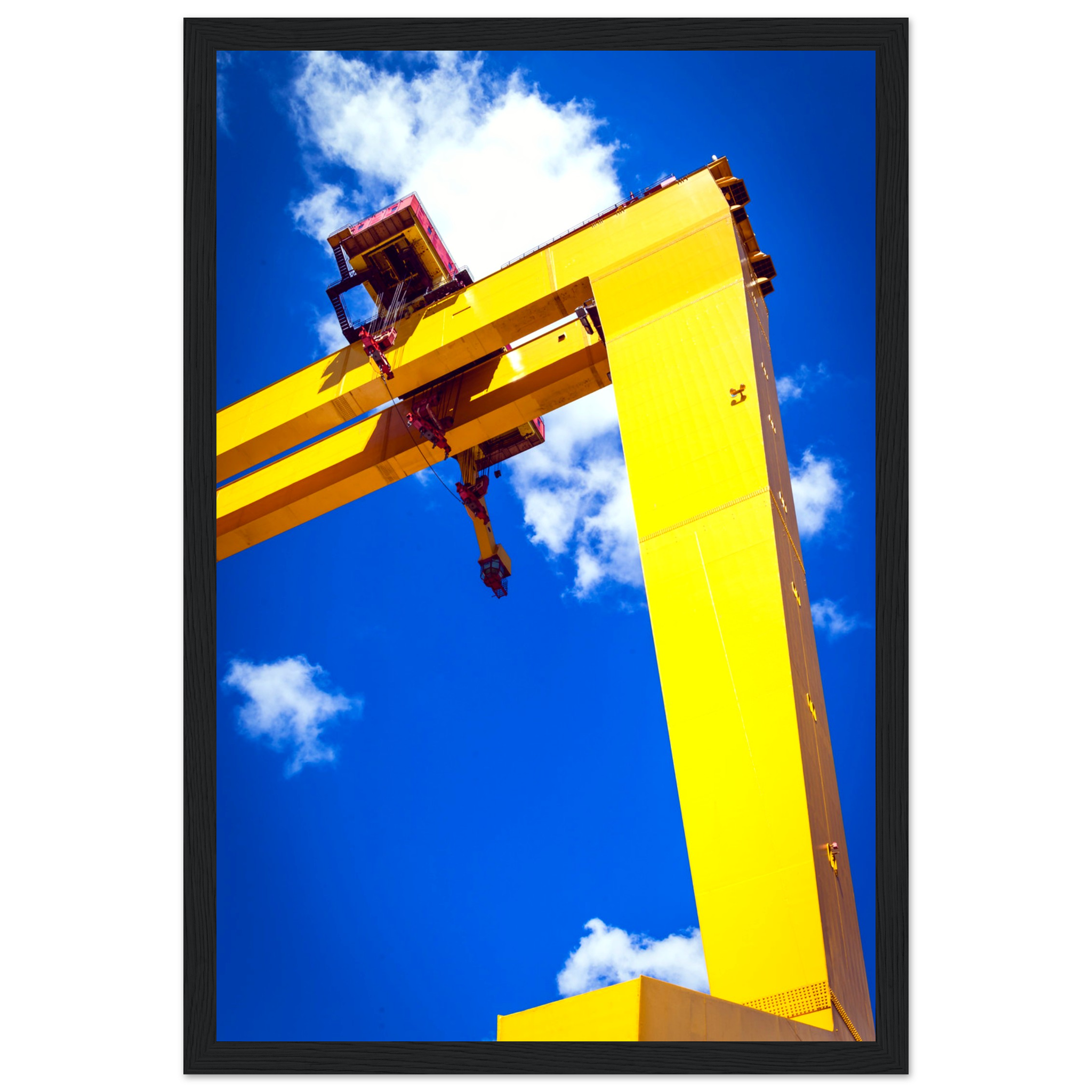 Harland & Wolff cranes against Belfast skyline, symbolizing maritime legacy. Perfect decor for history lovers and skyline enthusiasts.