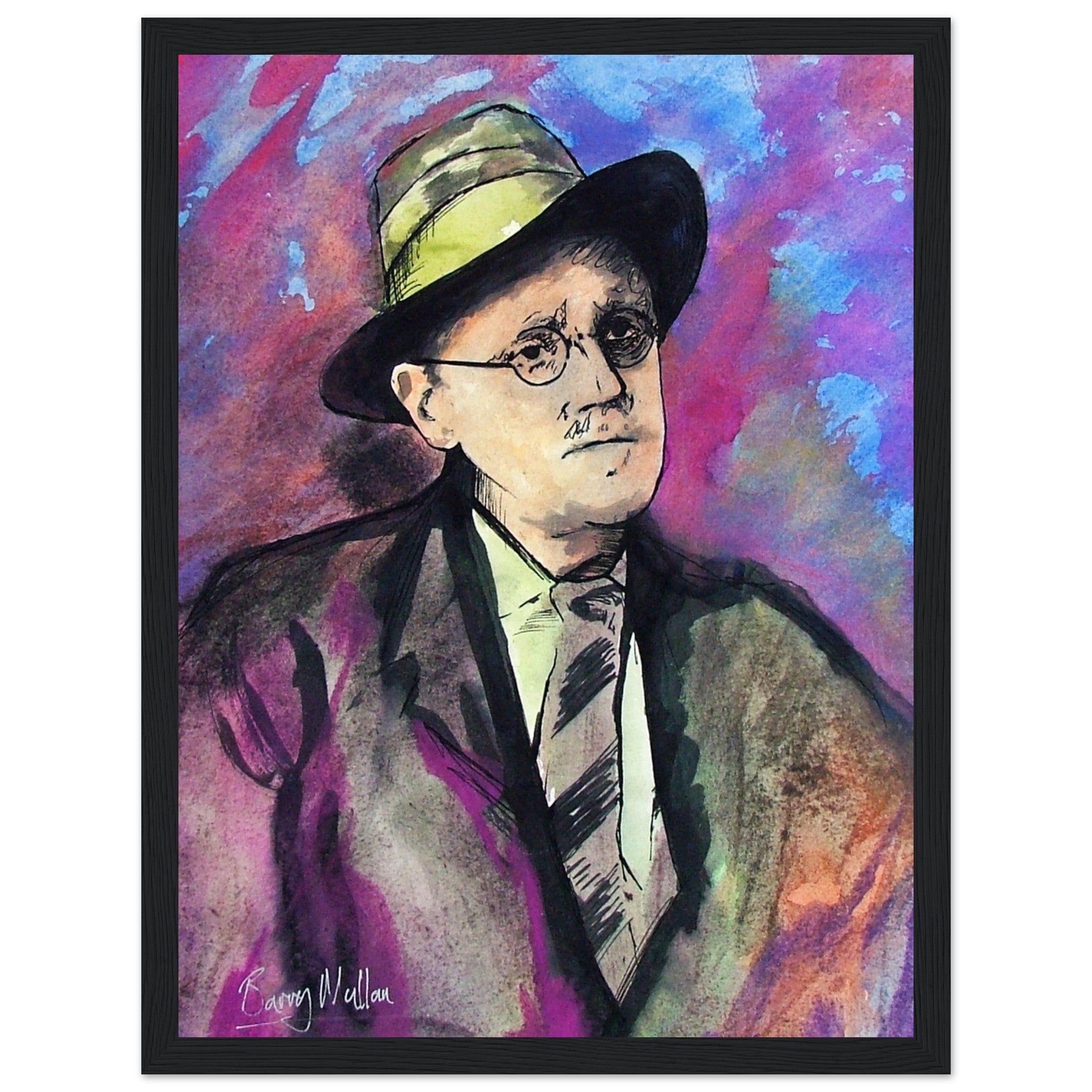 James Joyce Framed Wall Art Print by Irish artist B. Mullan. The detailed portrait captures Joyce's enigmatic features, reflecting his literary genius. Ideal for book lovers, it adds sophistication to any space. Available in various sizes and frame options.