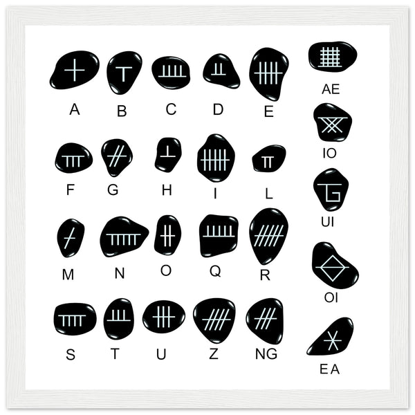 Ogham Art Print: Intricately detailed representation of Ireland's ancient alphabet, blending tradition with modern elegance. Perfect for history and art enthusiasts.