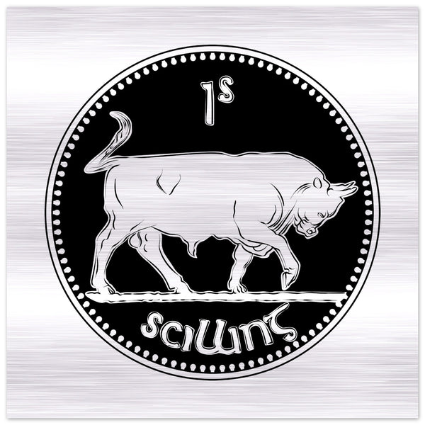 Old Irish Money Shilling Coin Bull Brushed Aluminum Print