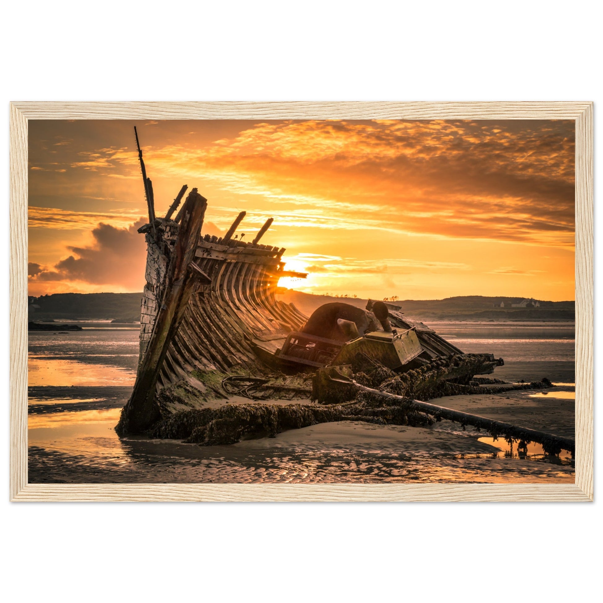 Fine art print captures Bád Eddie shipwreck at sunset on Donegal's rugged coast. Rich cultural heritage & stunning scenery from Bunbeg, Co. Donegal, along Ireland's Wild Atlantic Way