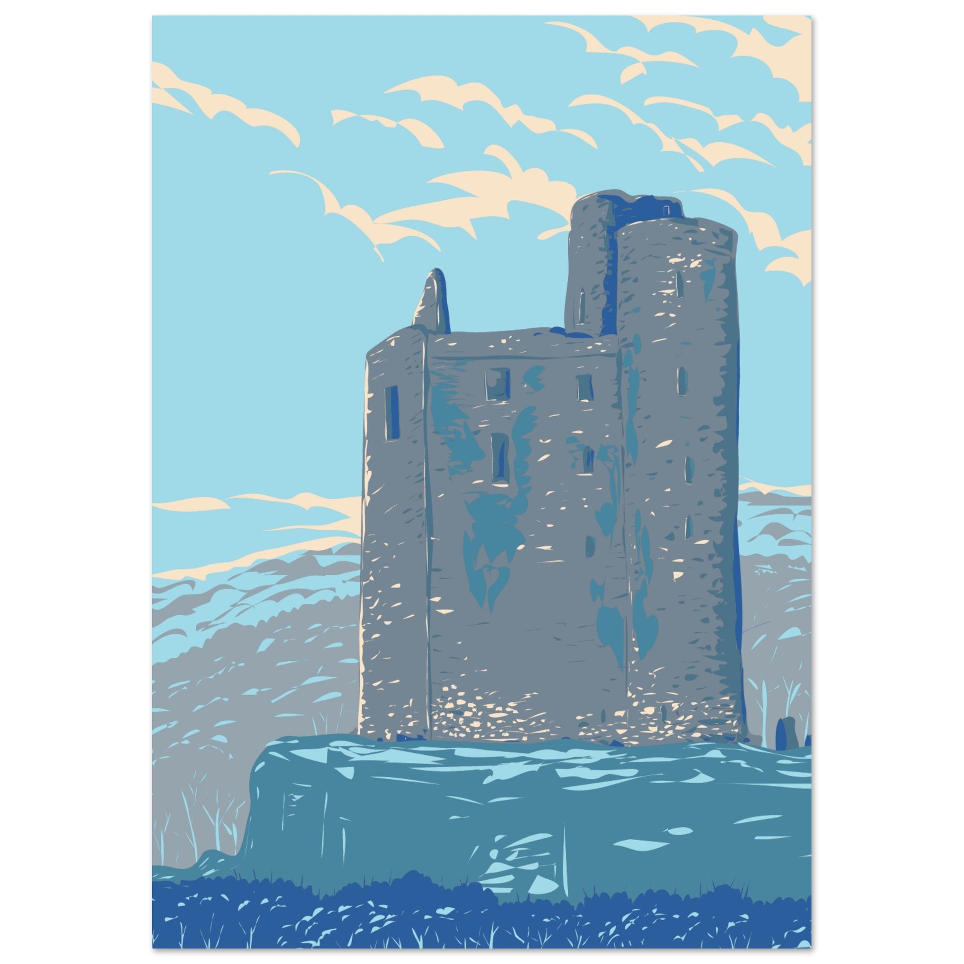 Retro art print of Ballinalacken Castle in County Clare, featuring vintage design elements. The poster showcases the historic castle set against a scenic backdrop, capturing the charm and history of Ireland. Perfect for home decor or as a unique gift.