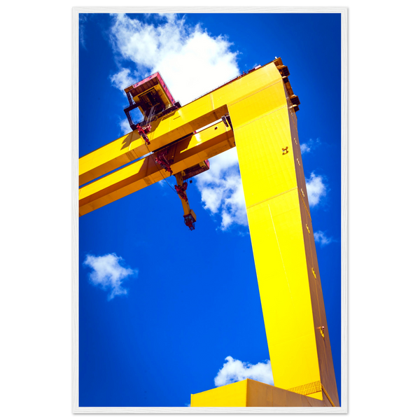 Art print featuring iconic Harland & Wolff cranes in Titanic Quarter, Belfast. Celebrate maritime history with this stunning decor piece.