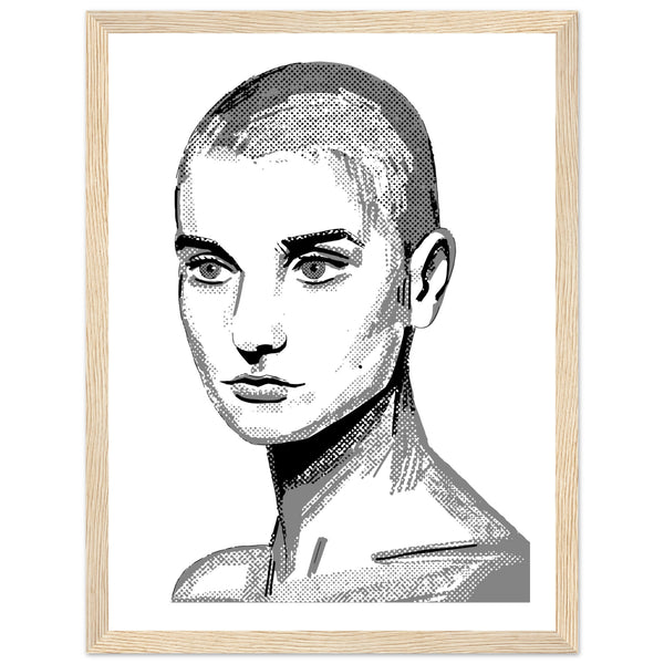 Framed wall art print of Sinéad O'Connor features a high-quality portrait capturing the iconic singer's striking presence. This vintage music framed wall art showcases the Irish pop star. Ideal for fans of retro posters, musician prints, Ireland art, and Irish princess icons.