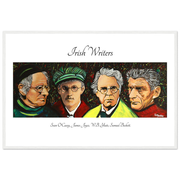 Irish Literary Giants Framed Art Print by Mullan features portraits of Sean O'Casey, James Joyce, W.B. Yeats, and Samuel Beckett. This unique artwork celebrates the legacy of four iconic Irish writers Perfect for literature enthusiasts and art lovers