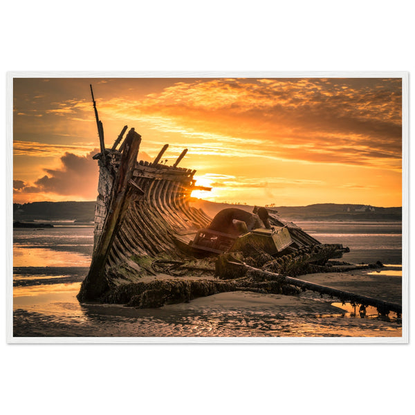 Fine art print captures Bád Eddie shipwreck at sunset on Donegal's rugged coast. Rich cultural heritage & stunning scenery from Bunbeg, Co. Donegal, along Ireland's Wild Atlantic Way