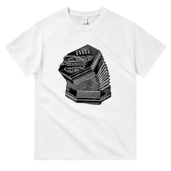 White vintage unisex tee shirt with a black and white design of an old Irish concertina. Perfect for Celtic music lovers, folk instrument enthusiasts, and fans of Irish traditional music. Ideal music lover gift or musician apparel.