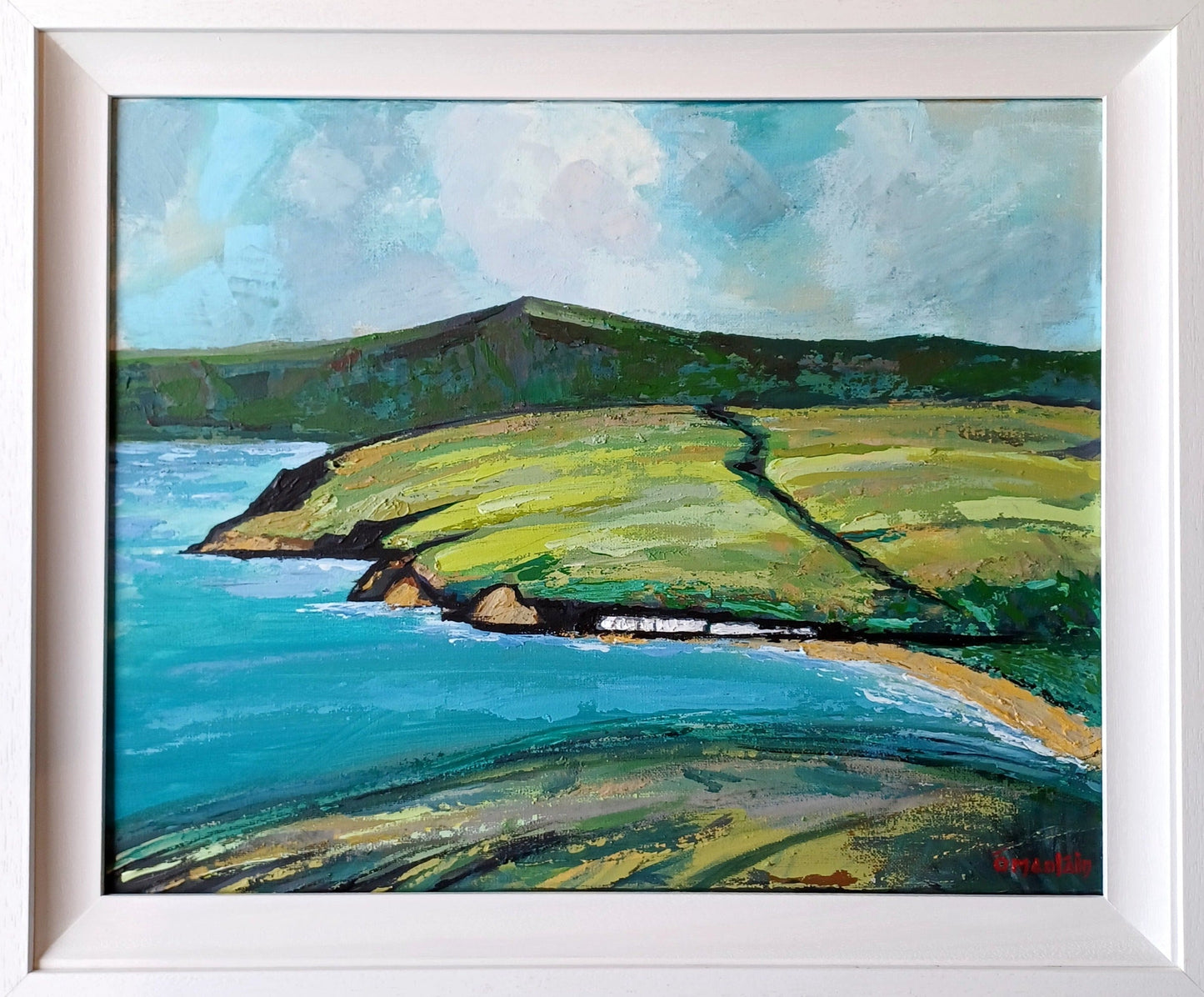 Cushendun' is a signed, original, painting on canvas by Irish artist Ó Maoláin. The painting depicts Cushendun with Glenariff in the distance, County Antrim, North Coast, Northern Ireland.