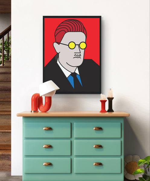 Modern pop art print of James Joyce, showcasing vibrant colors and dynamic design. Ideal for contemporary art lovers, celebrating Joyce's literary legacy.