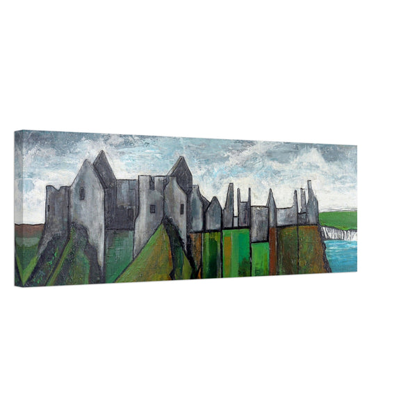 semi abstract Irish Landscape Art Print by Mullan, featuring Dunluce Castle on County Antrim's rugged coastline. Bold brushstrokes and subtle colours capture the castle's allure. Available in various sizes on archival paper. Wall Art Prints