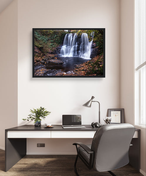 Framed print of Glenariff Waterfall in the Glens of Antrim, Northern Ireland. Captures the lush greenery, cascading water, and serene beauty of the 'Queen of the Glens.' Perfect for nature lovers and those who appreciate stunning landscape photography.