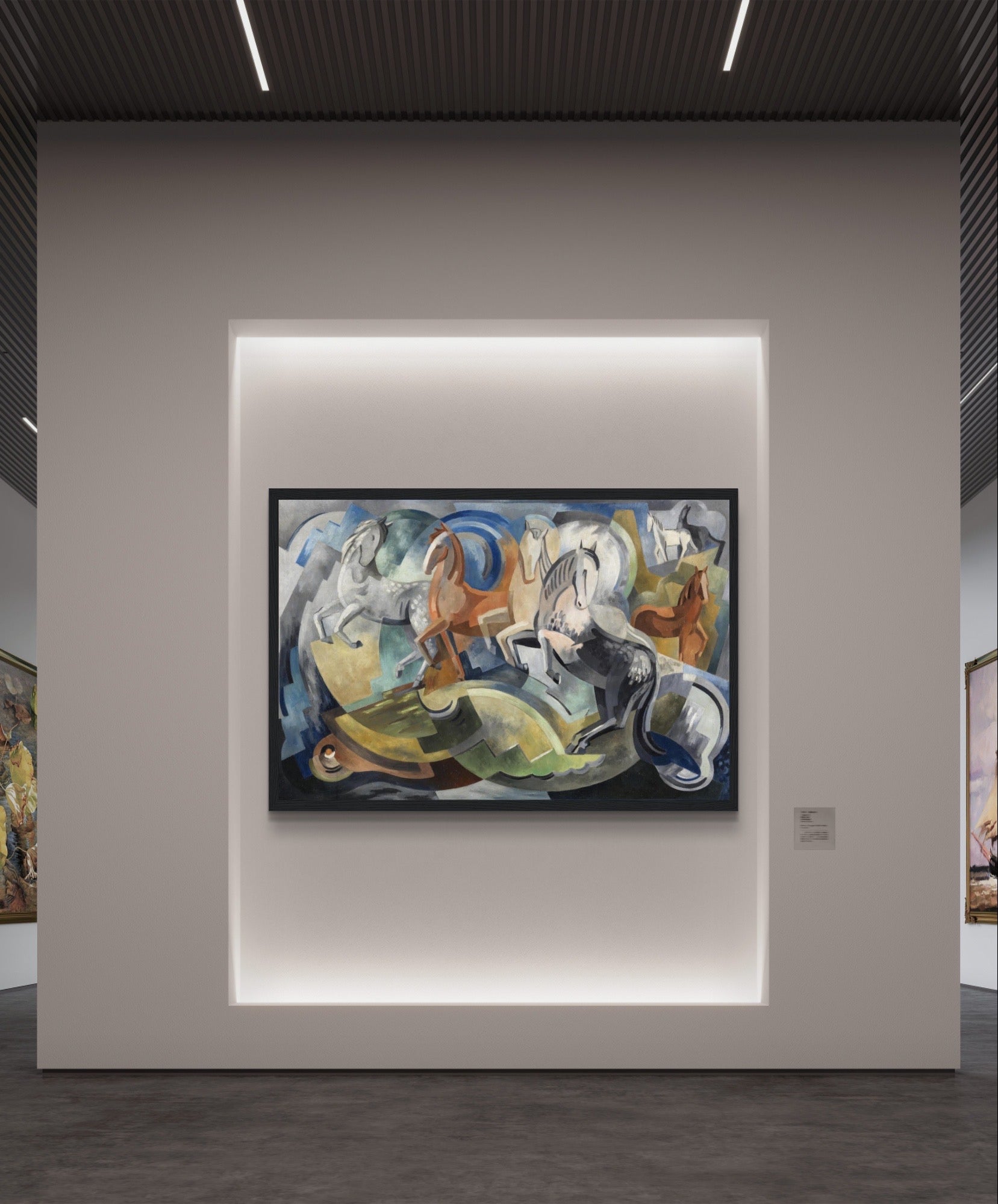 Framed print of 'Achill Horses' by Mainie Jellett hanging on a modern art gallery wall in Ireland, showcasing abstract Irish landscape in Cubist style.
