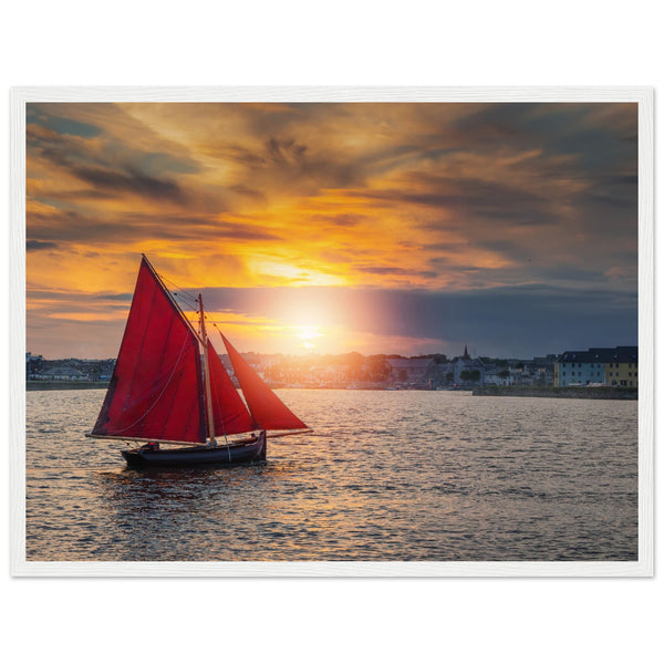 Detailed framed print of a Galway Hooker, a traditional Irish fishing boat, against a scenic coastal backdrop. Rich colors and intricate details evoke maritime nostalgia and charm.