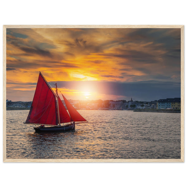 Detailed framed print of a Galway Hooker, a traditional Irish fishing boat, against a scenic coastal backdrop. Rich colors and intricate details evoke maritime nostalgia and charm.