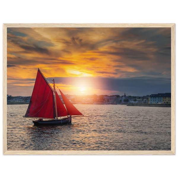 Detailed framed print of a Galway Hooker, a traditional Irish fishing boat, against a scenic coastal backdrop. Rich colors and intricate details evoke maritime nostalgia and charm.