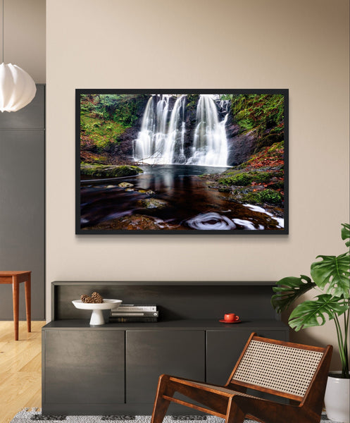 Tranquil Glenariff Waterfall framed art print, depicting the serene beauty of Northern Ireland's nature. Cascading waterfall amidst lush greenery, captured in a high-quality framed photograph.