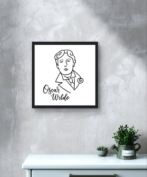 Hand-drawn linear sketch portrait of Oscar Wilde on a white background, featuring his distinctive features with elegant simplicity. Includes stylish lettering text of Wilde's name or a famous quote. Available in minimalist, vintage, and modern frame options.