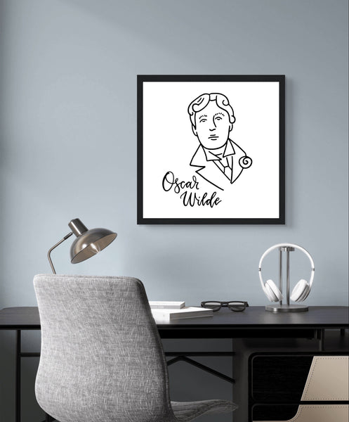 Hand-drawn linear sketch portrait of Oscar Wilde on a white background, featuring his distinctive features in elegant, minimalist lines. Includes stylish lettering with Wilde's name or famous quotes. Ideal for literary enthusiasts and elegant home decor.