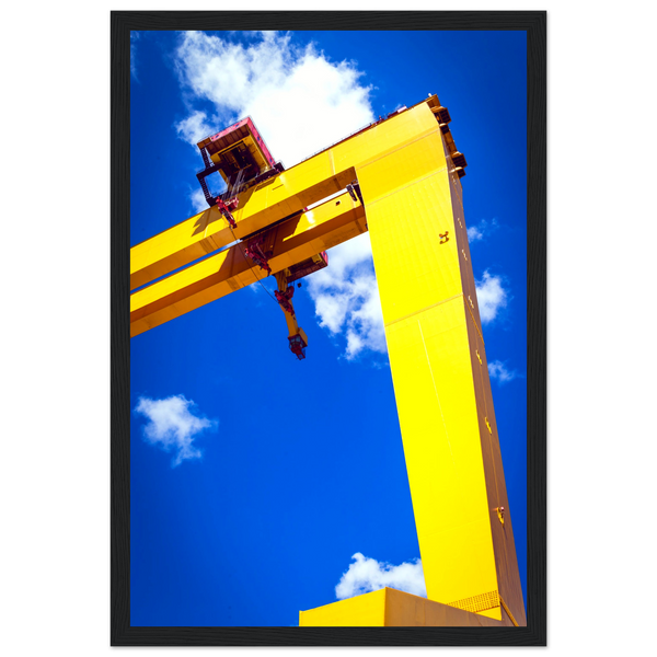 Art print featuring iconic Harland & Wolff cranes in Titanic Quarter, Belfast. Celebrate maritime history with this stunning decor piece.