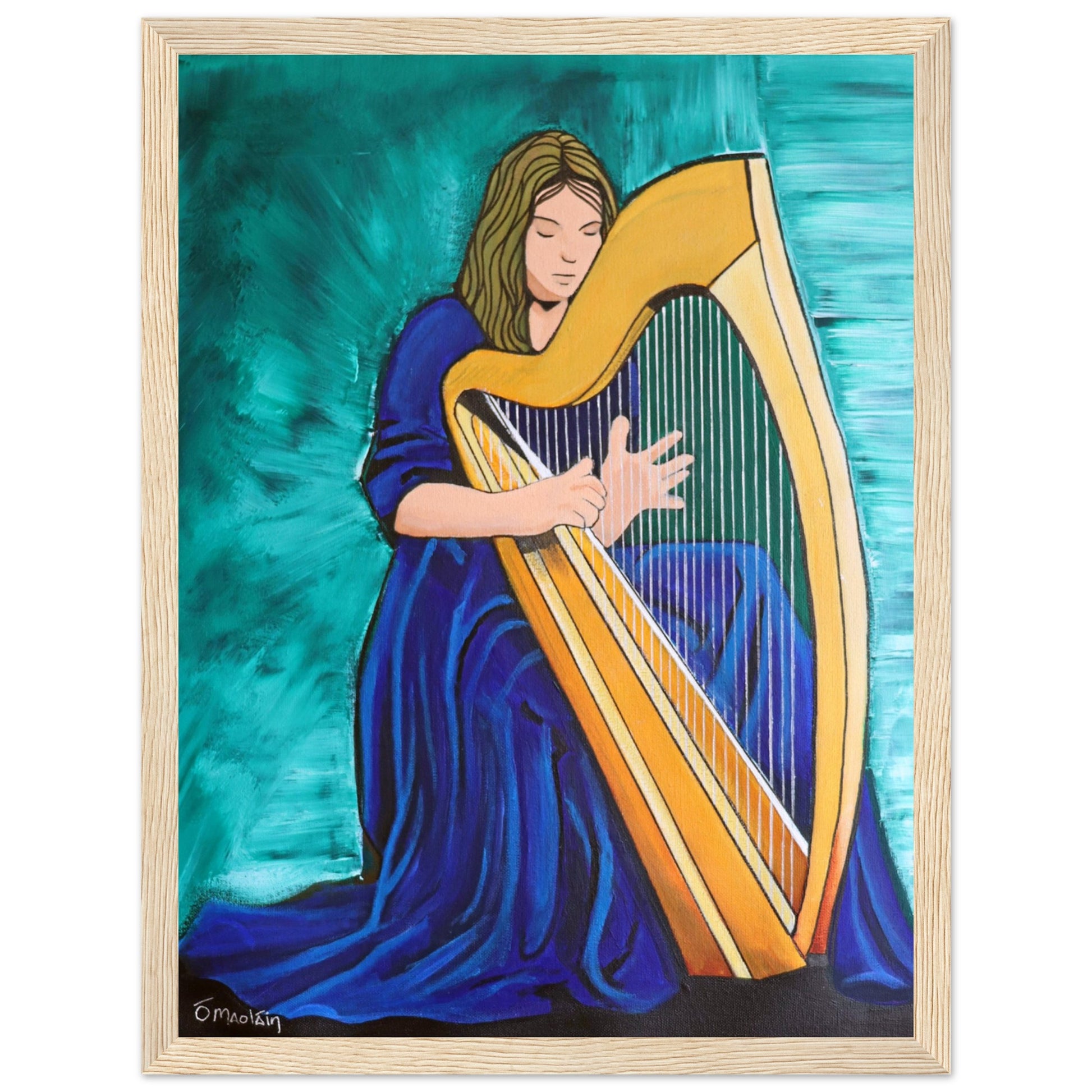 Framed wall art print featuring a detailed Irish Harp in green, blue, and gold, symbolizing Ireland’s musical heritage. Perfect for home decor or as a gift. Irish Harpist, Framed Wall Art Print, Celtic Music, Ireland, Culture, Home Decor, Gift.