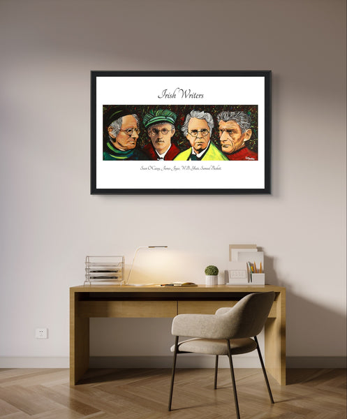 Irish Literary Giants Framed Art Print by Mullan features portraits of Sean O'Casey, James Joyce, W.B. Yeats, and Samuel Beckett. This unique artwork celebrates the legacy of four iconic Irish writers Perfect for literature enthusiasts and art lovers