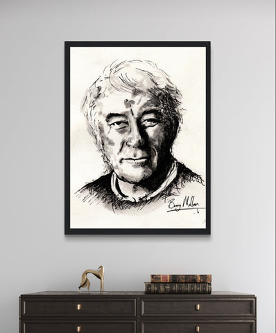 Framed wall art print of Seamus Heaney's 'The Squat Pen,' inspired by his poem 'Digging.' Pen and ink artwork contrasts light and dark, reflecting themes of tradition, change, and intellectual pursuit. Created by Irish artist B. Mullan.