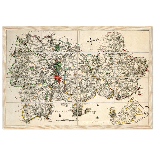 Map of County Dublin Divided in Baronys by John Rocque 18th Century Natural Wooden Framed Print