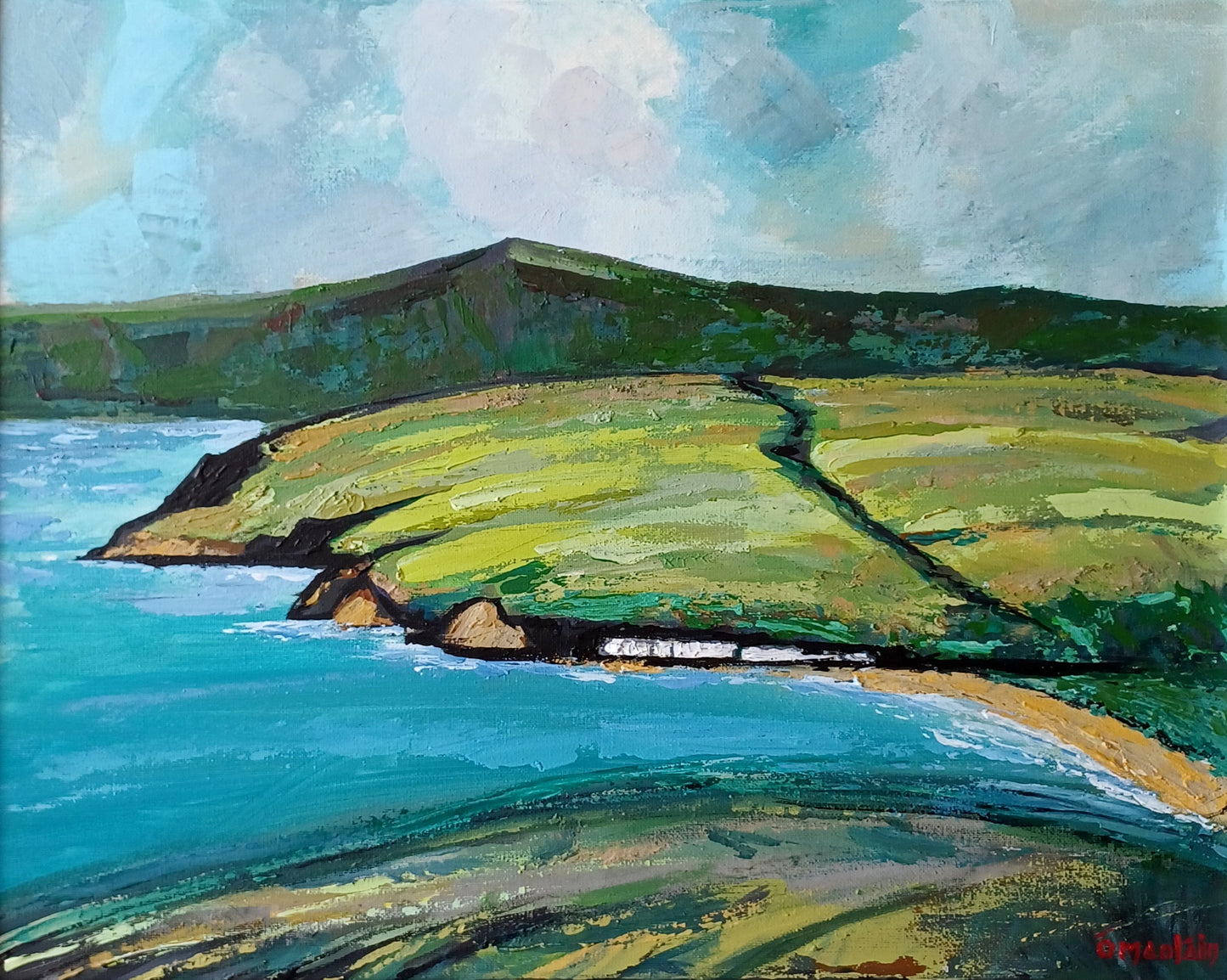 Acrylic painting of Cushendun village and Glenariff in County Antrim, Ireland. Serene landscape with vibrant colors and a white frame.