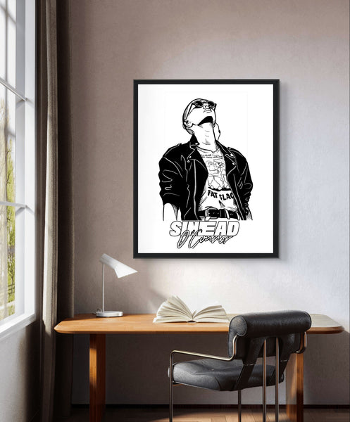 Framed wall art print of Sinead O Connor, capturing her iconic presence and artistic depth. Features the renowned Irish singer in a powerful, expressive pose, adding a touch of Ireland's distinctive voice to your space. Perfect for music lovers.