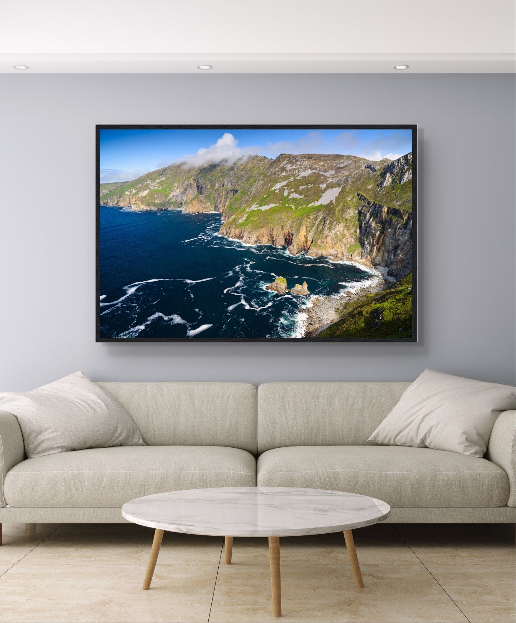 Immerse yourself in the awe-inspiring beauty of Ireland's Slieve League with our stunning framed print. This captivating artwork brings to life the majestic cliffs of Slieve League, standing proudly along the enchanting Wild Atlantic Way.