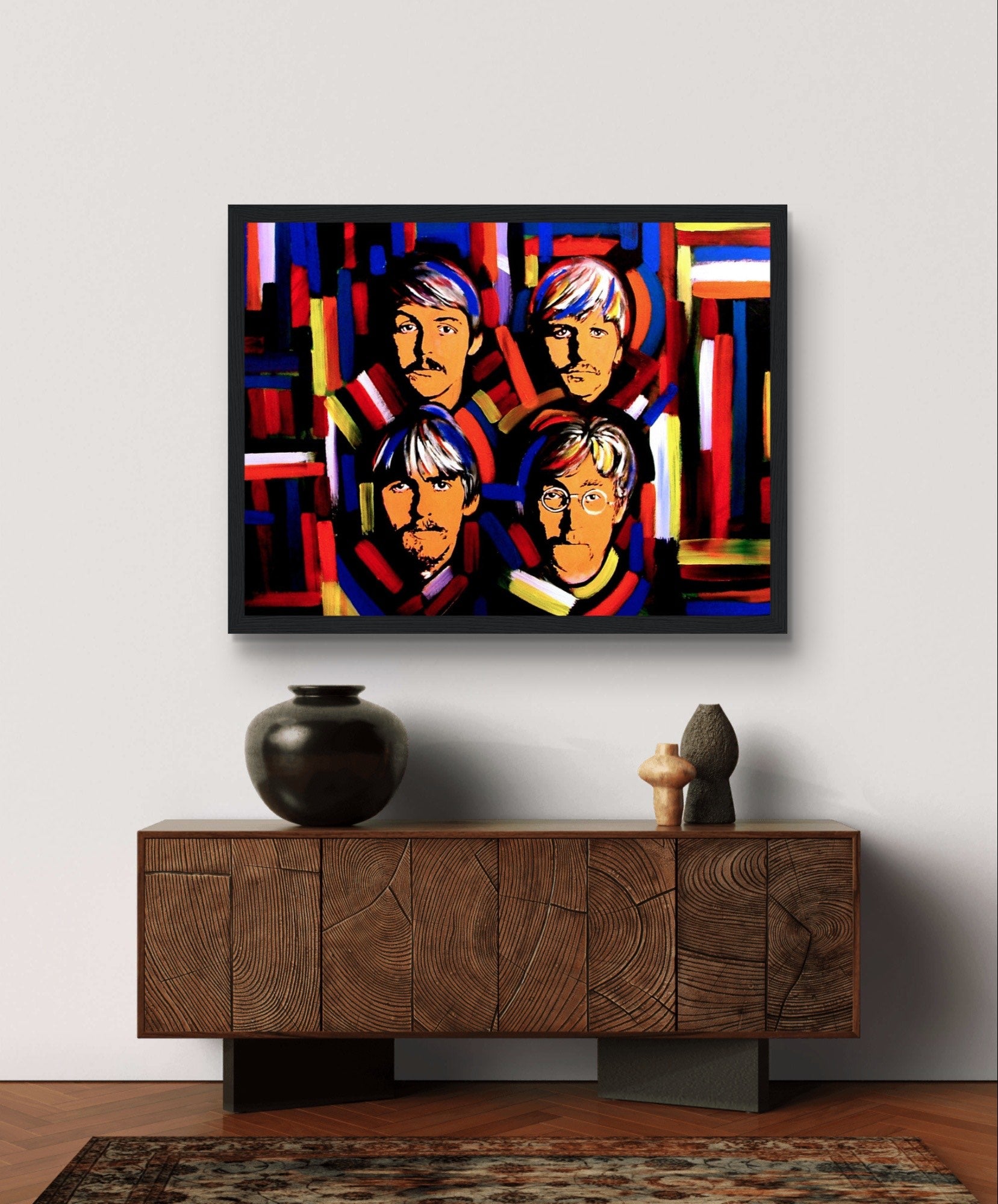 Colorful art print featuring portraits of The Fab Four: John Lennon, Paul McCartney, George Harrison, and Ringo Starr, by Irish artist Ó Maoláin. Celebrates Beatlemania and their cultural legacy.