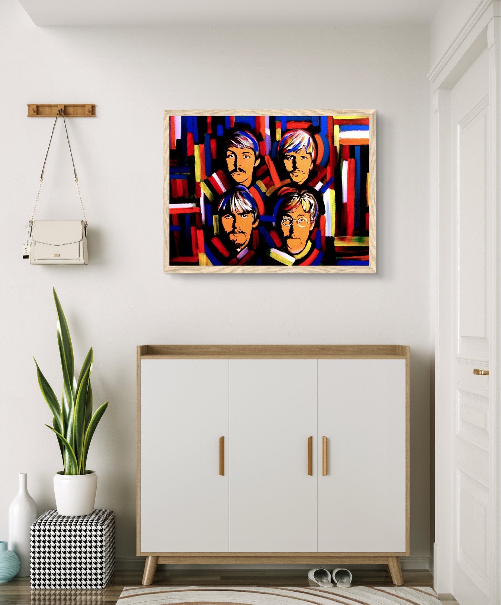 Colorful art print by Irish artist Ó Maoláin featuring portraits of the Fab Four: John Lennon, Paul McCartney, George Harrison, and Ringo Starr, celebrating their iconic music and cultural legacy.