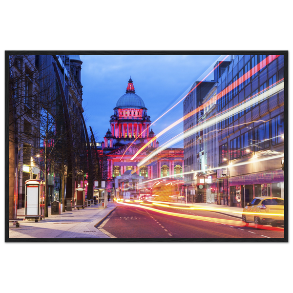 Vibrant Belfast City Hall Framed Art Print: A colorful depiction of Belfast's iconic City Hall with intricate details. The landmark is set against a lively backdrop of vivid hues, reflecting the city's dynamic spirit. Perfect for adding urban sophistication to any space.