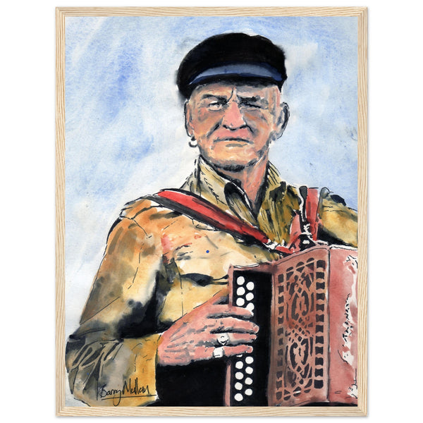 Framed print of Patsy Dan Rogers, "King of Tory" by B. Mullan. Captures Tory Island's vibrant spirit and unique culture.