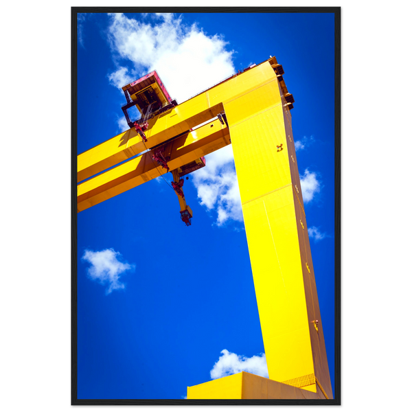 Art print featuring iconic Harland & Wolff cranes in Titanic Quarter, Belfast. Celebrate maritime history with this stunning decor piece.