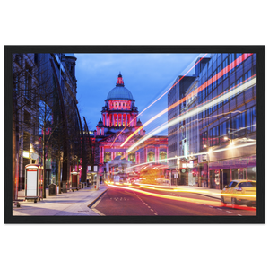 Vibrant Belfast City Hall Framed Art Print: A colorful depiction of Belfast's iconic City Hall with intricate details. The landmark is set against a lively backdrop of vivid hues, reflecting the city's dynamic spirit. Perfect for adding urban sophistication to any space.