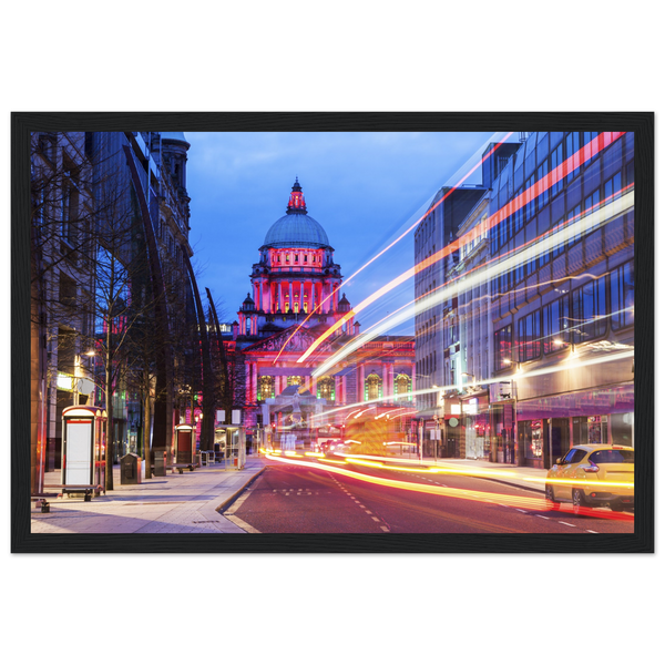 Vibrant Belfast City Hall Framed Art Print: A colorful depiction of Belfast's iconic City Hall with intricate details. The landmark is set against a lively backdrop of vivid hues, reflecting the city's dynamic spirit. Perfect for adding urban sophistication to any space.