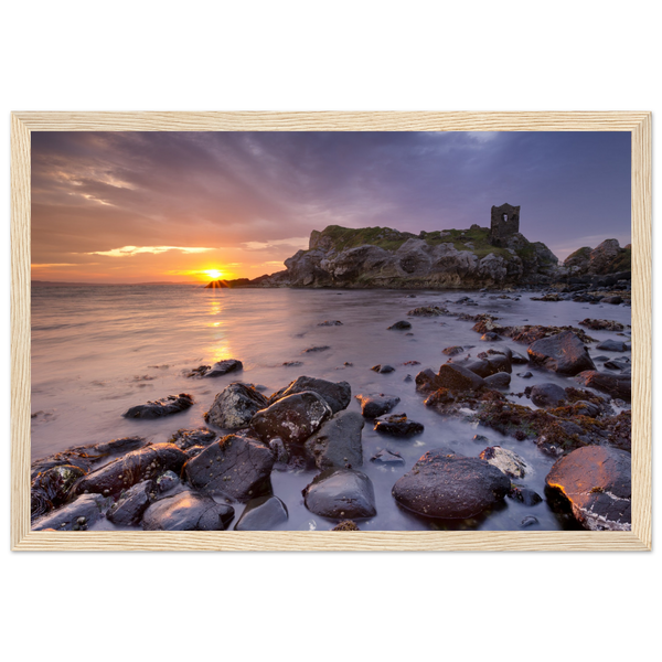 Framed wall art print of Kinbane Castle showcasing dramatic cliffside ruins above the North Atlantic waves. Perfect for adding a touch of Irish history and coastal charm to any space. Ideal for history lovers and those who appreciate Ireland's ancient beauty.