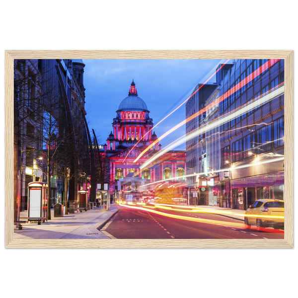 Vibrant Belfast City Hall Framed Art Print: A colorful depiction of Belfast's iconic City Hall with intricate details. The landmark is set against a lively backdrop of vivid hues, reflecting the city's dynamic spirit. Perfect for adding urban sophistication to any space.