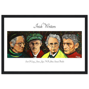 Irish Literary Giants Framed Art Print by Mullan features portraits of Sean O'Casey, James Joyce, W.B. Yeats, and Samuel Beckett. This unique artwork celebrates the legacy of four iconic Irish writers Perfect for literature enthusiasts and art lovers