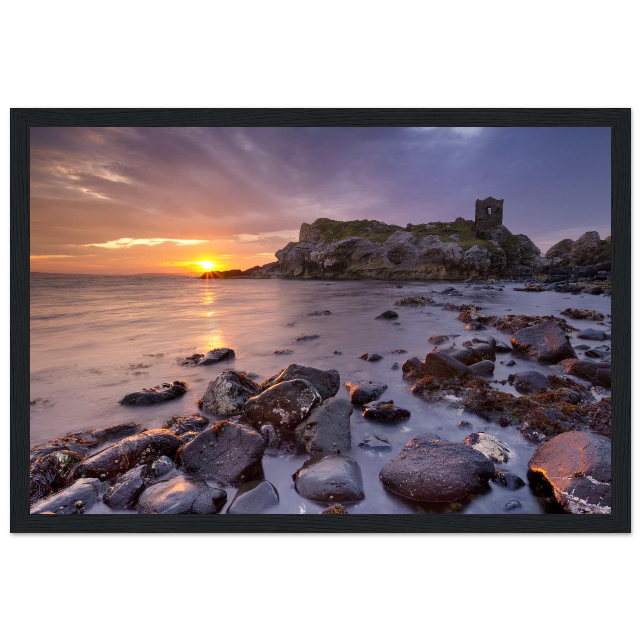 Framed wall art print of Kinbane Castle showcasing dramatic cliffside ruins above the North Atlantic waves. Perfect for adding a touch of Irish history and coastal charm to any space. Ideal for history lovers and those who appreciate Ireland's ancient beauty.