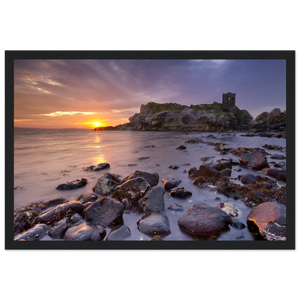 Framed wall art print of Kinbane Castle showcasing dramatic cliffside ruins above the North Atlantic waves. Perfect for adding a touch of Irish history and coastal charm to any space. Ideal for history lovers and those who appreciate Ireland's ancient beauty.