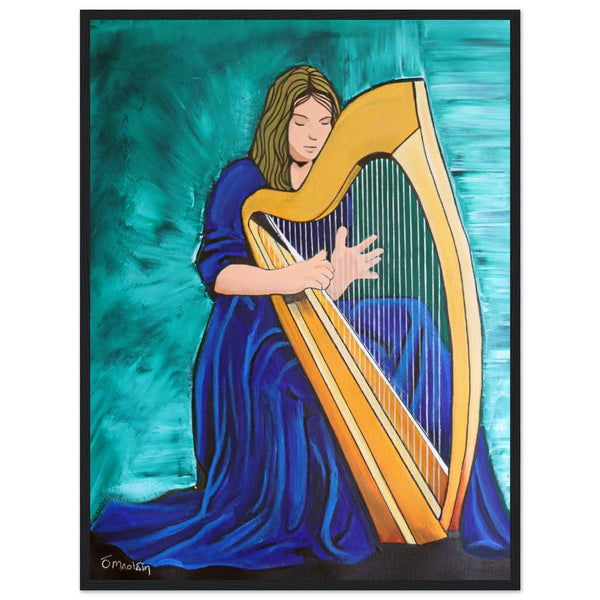 Female Harpist Playing The Irish Harp Black Wooden Framed Print