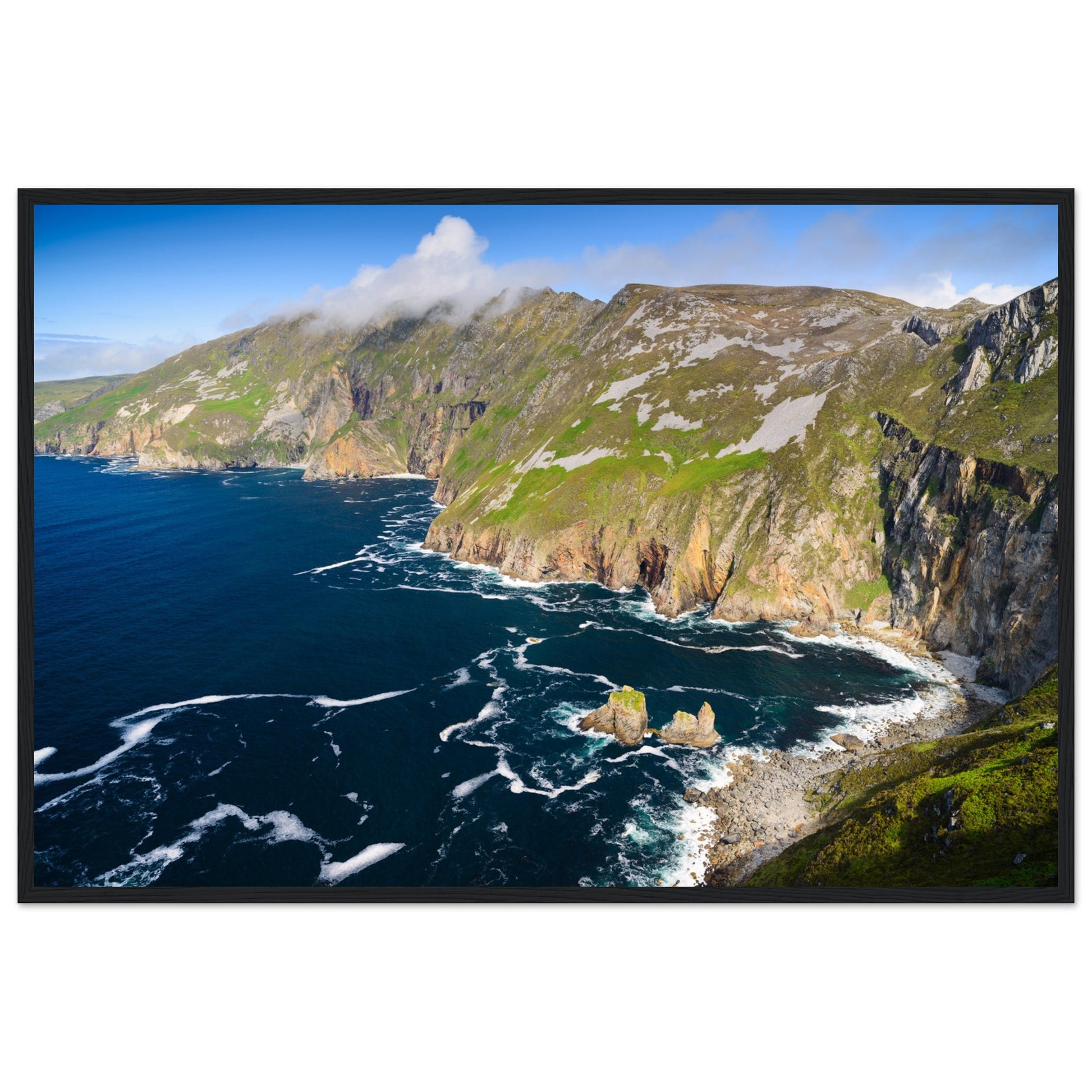 Immerse yourself in the awe-inspiring beauty of Ireland's Slieve League with our stunning framed print. This captivating artwork brings to life the majestic cliffs of Slieve League, standing proudly along the enchanting Wild Atlantic Way.